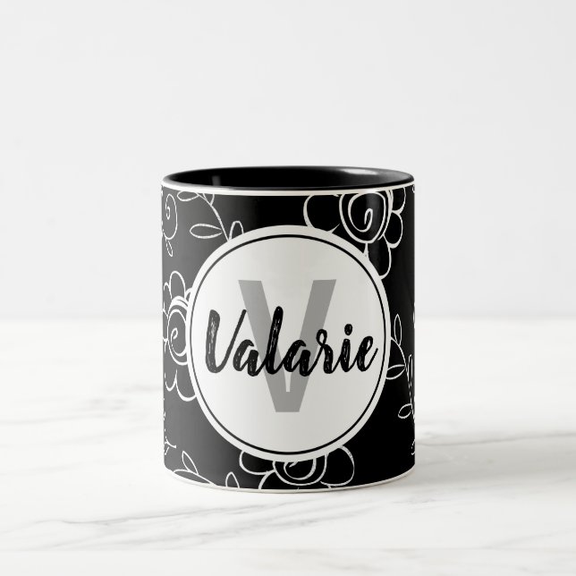 Simple Black and White Floral Monogram Two-Tone Coffee Mug (Center)