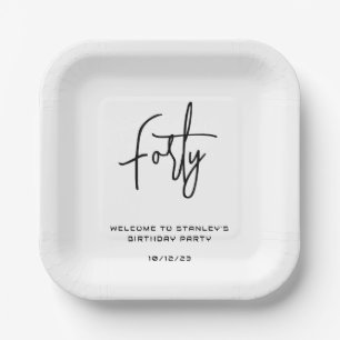 Simple Black and White Forty Birthday Party Paper Plate