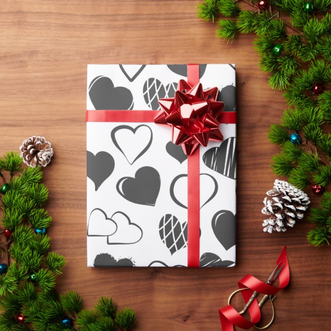 Simple Black and White Hearts Pattern Christmas  Wrapping Paper (Holiday Gift)
