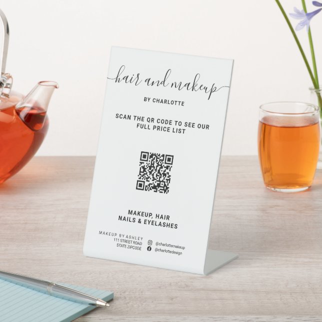 Simple black and white makeup digital QR price Pedestal Sign (In SItu)