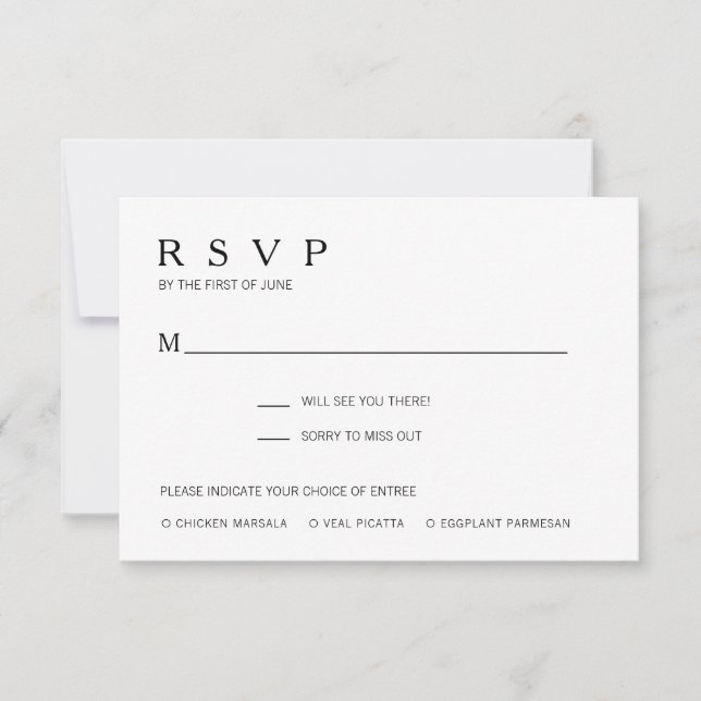 Simple Black and White Meal Modern Wedding RSVP Card (Front)