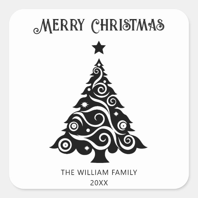 Simple Black and White Merry Christmas Tree Gift Square Sticker (Front)