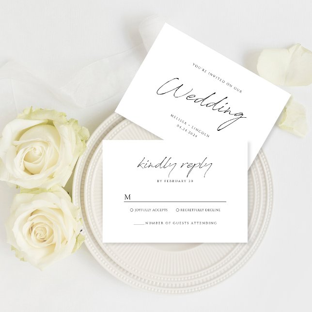 Simple Black and White Minimalist Script Wedding RSVP Card (Creator Uploaded)