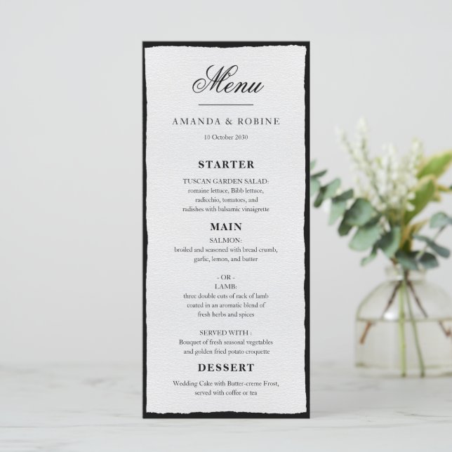 Simple Black And White Minimalist Wedding Menu (Standing Front)