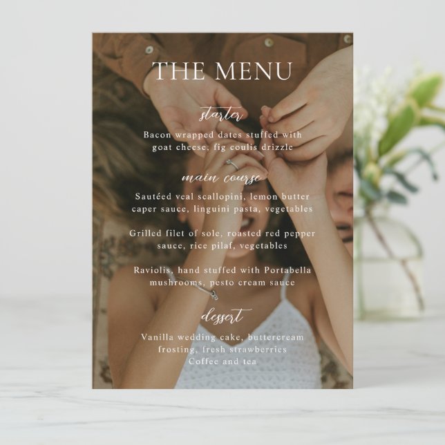 Simple Black and White Modern Photo Wedding Menu (Standing Front)