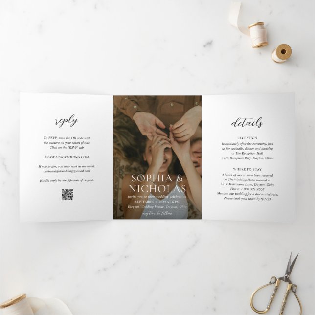 Simple Black and White Modern Photo Wedding Tri-Fold Invitation (Inside)