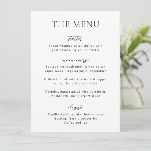 Simple Black and White Modern Wedding Menu (Standing Front)