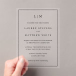 Simple Black and White Monogram Elegant Wedding Acrylic Invitations<br><div class="desc">Simple wedding invitation featuring a modern yet elegant design with your two letter monogram at the top and your details surrounded by a thin border.  A chic and stylish design that is great for a minimalist couple.</div>