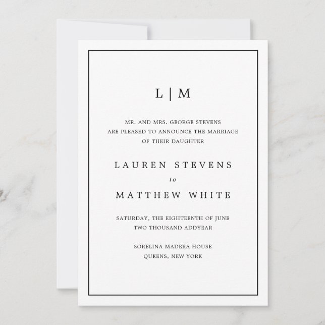 Simple Black and White Monogram Elegant Wedding Announcement (Front)