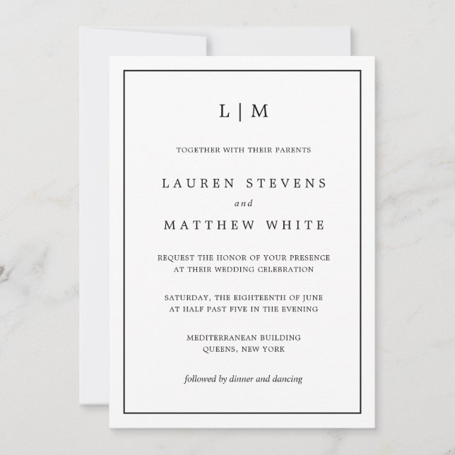Simple Black and White Monogram Elegant Wedding Invitation (Front)