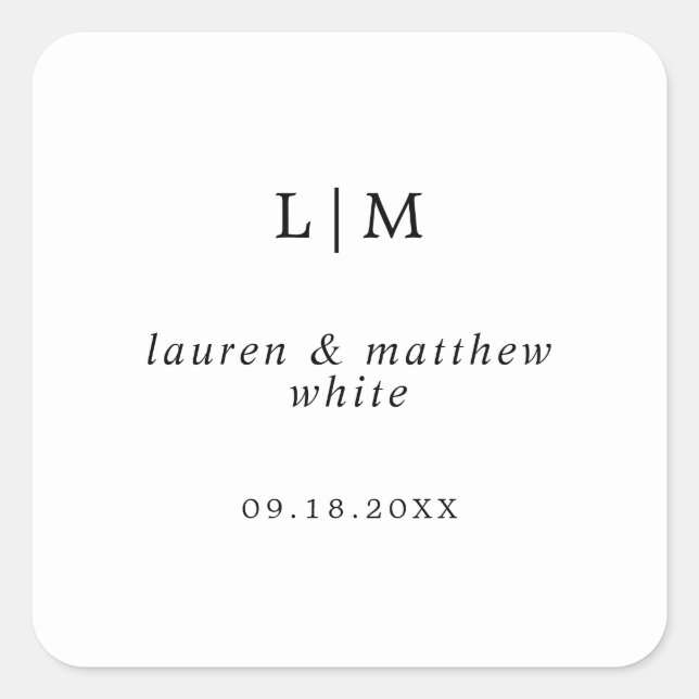 Simple Black and White Monogram Elegant Wedding Square Sticker (Front)
