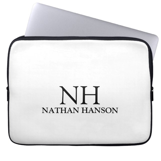 Simple Black and White Monogram Modern Laptop Sleeve (Front)