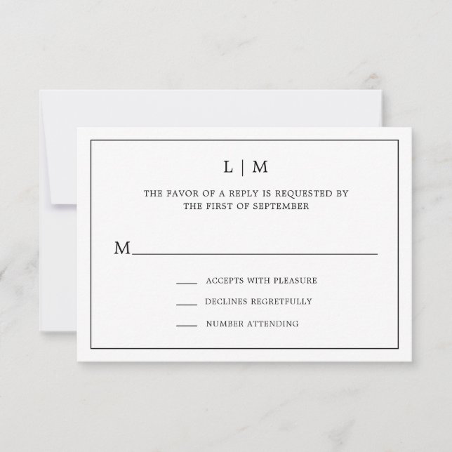 Simple Black and White Monogram Wedding RSVP Card (Front)
