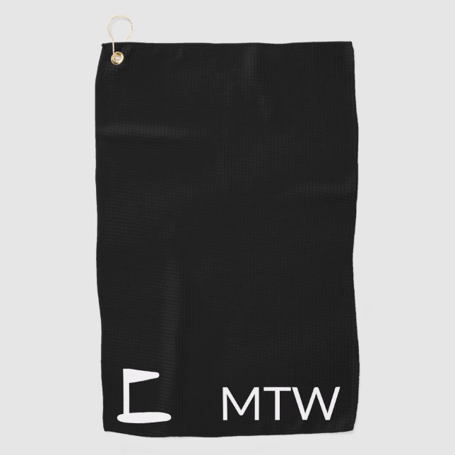 Simple Black and White Monogram with Golf Flag Golf Towel (Front)