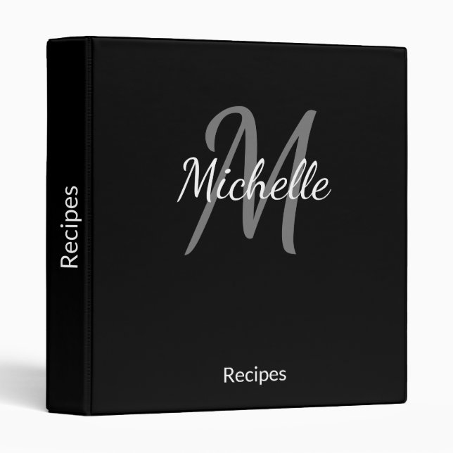 Simple Black and White Monogrammed Recipe Binder (Front/Spine)