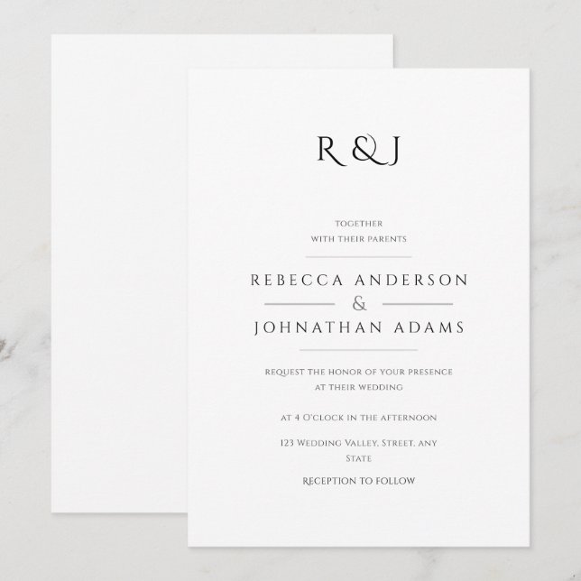 Simple Black and White Monogrammed Wedding Invitation (Front/Back)