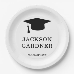 Simple Black and White Mortar Board Graduation Paper Plate