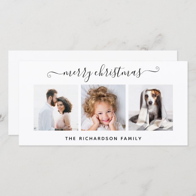 Simple Black and White Multi Photo Merry Christmas Holiday Card (Front/Back)