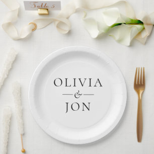 Simple Black and White Names Wedding Paper Plate
