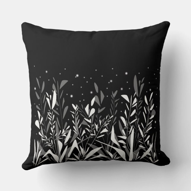 Simple black and white pattern with wild plants throw pillow (Back)