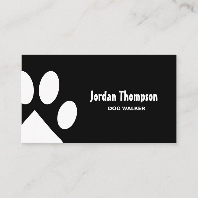 Simple Black and white paw illustration dog walker Business Card (Front)