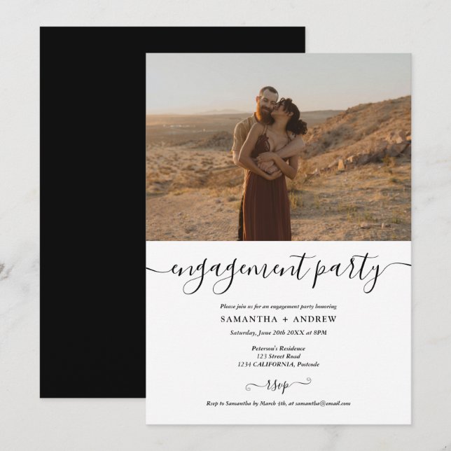 Simple black and white photo engagement party announcement (Front/Back)