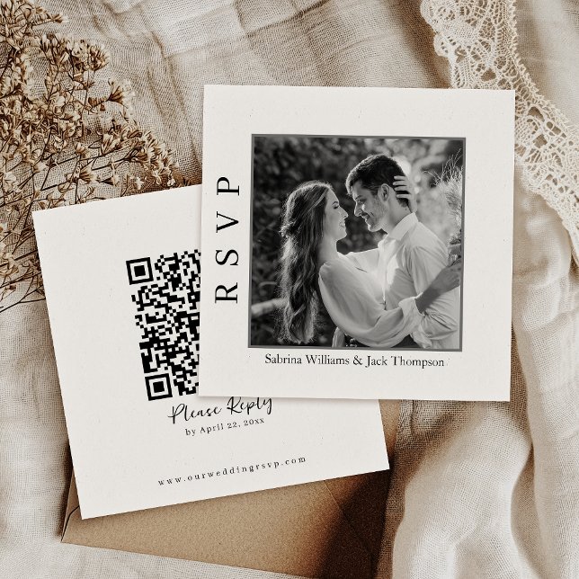 Simple Black And White Photo QR Code Website RSVP Invitation (Modern RSVP card with personalized photo, QR code, and convenient online RSVP.)