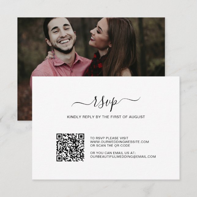 Simple Black and White Photo QR Code Wedding RSVP Card (Front/Back)