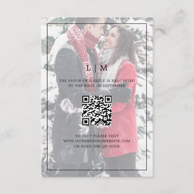 Simple Black and White Photo QR Code Wedding RSVP Card (Front)