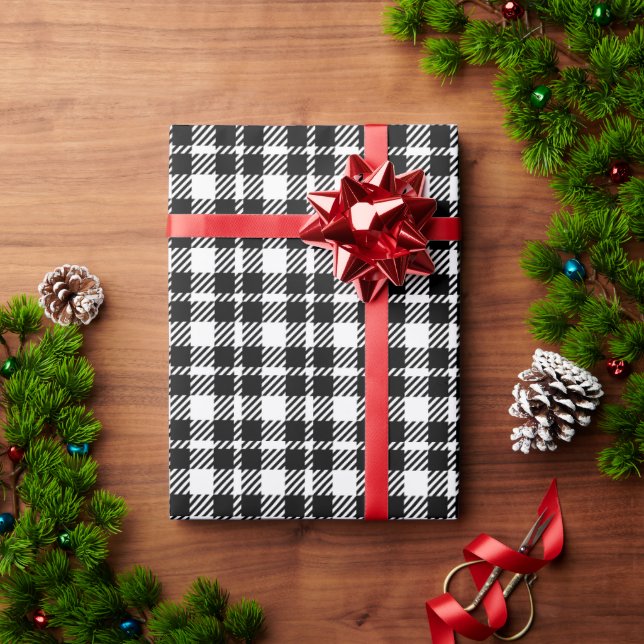 Simple black and white plaid gingham pattern wrapping paper (Holiday Gift)