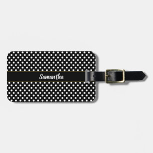 Simple Black and White Polka Dots Name Script Luggage Tag