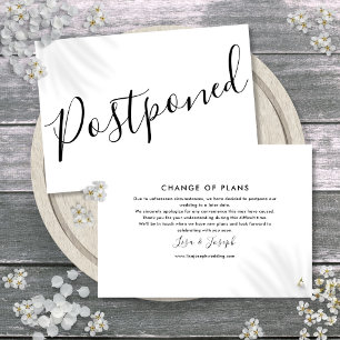 Simple Black and White Postponed Elegant Script Save The Date