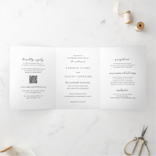 Simple Black and White QR Code Clean Wedding Tri-Fold Invitation