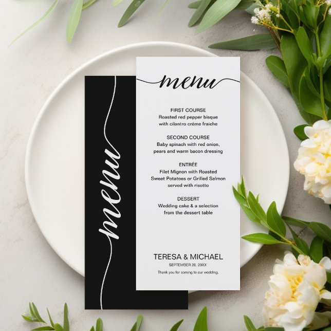 Simple Black and White Script Custom meals Wedding Menu (Simple, Chic black and white wedding menu.)