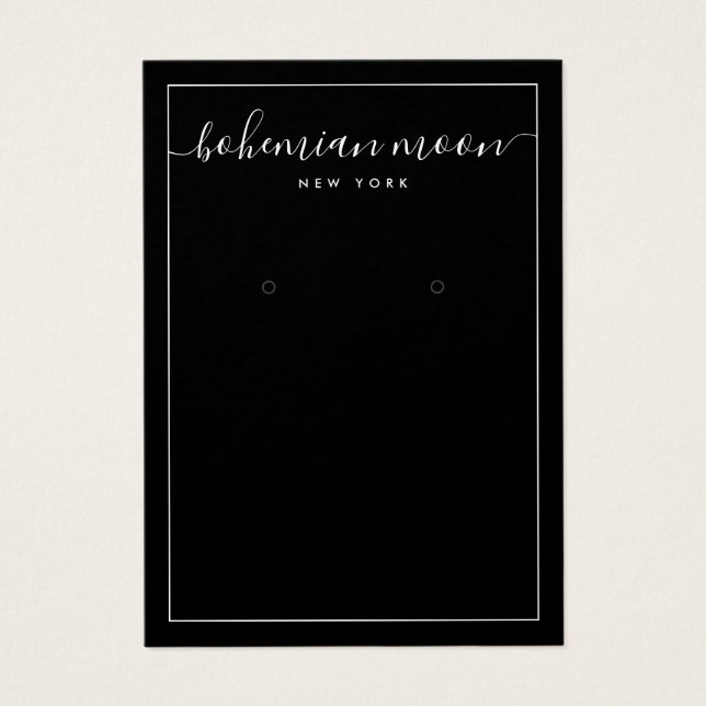 Simple black and white script earring display card (Front)