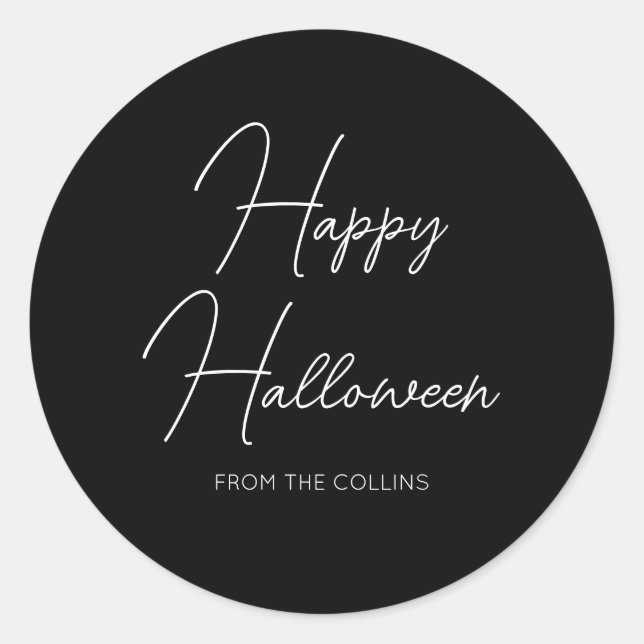 Simple Black and White Script Happy Halloween Classic Round Sticker (Front)