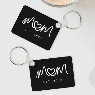 Simple Black and White Script  Mom Established Est Keychain