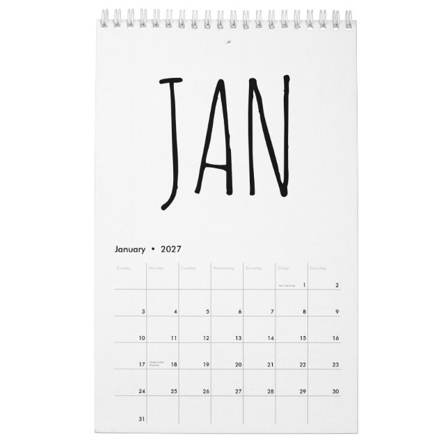 Simple Black and White Script Writing Calendar (Jan 2027)