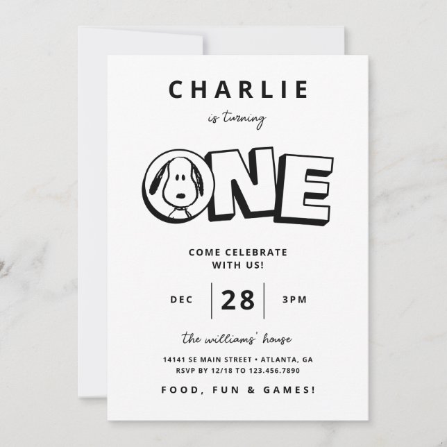 Simple Black and White Snoopy First Birthday Invitation (Front)