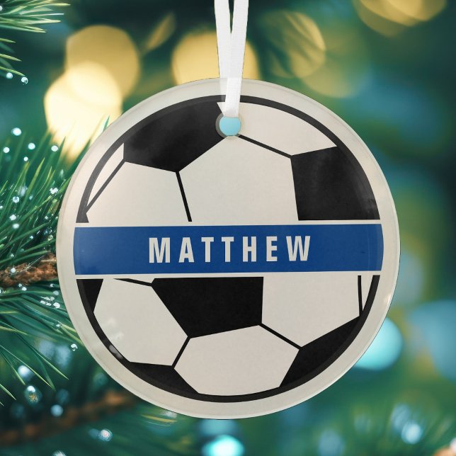 Simple Black and White Soccer Football Monogram Glass Ornament (Creator Uploaded)