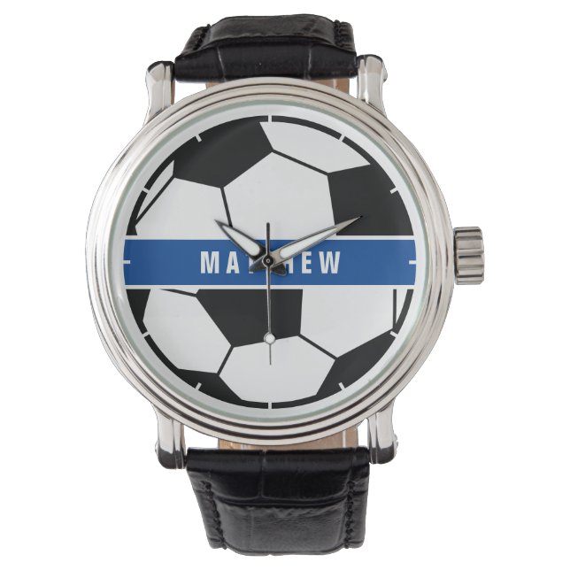 Simple Black and White Soccer Football Monogram Watch (Front)