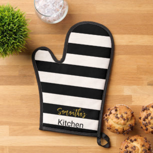 Simple Black and White Stripes Gold Script Name Oven Mitt