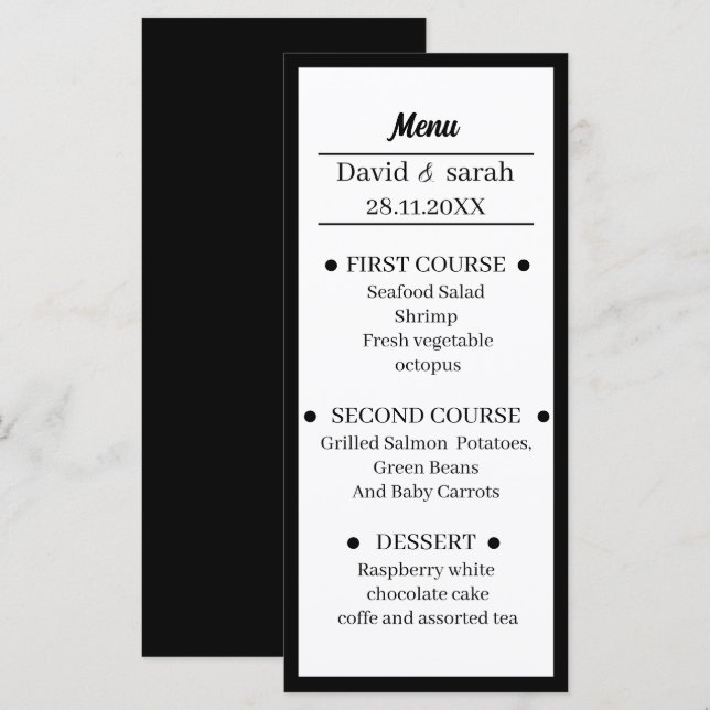 Simple Black And White Wedding Dinner Menu (Front/Back)