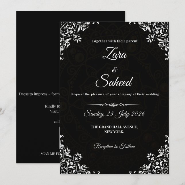 Simple Black and White Wedding Invitation Card  (Front/Back)