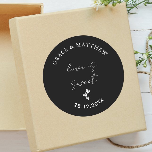 Simple Black and White Wedding Love is Sweet Classic Round Sticker (Creator Uploaded)