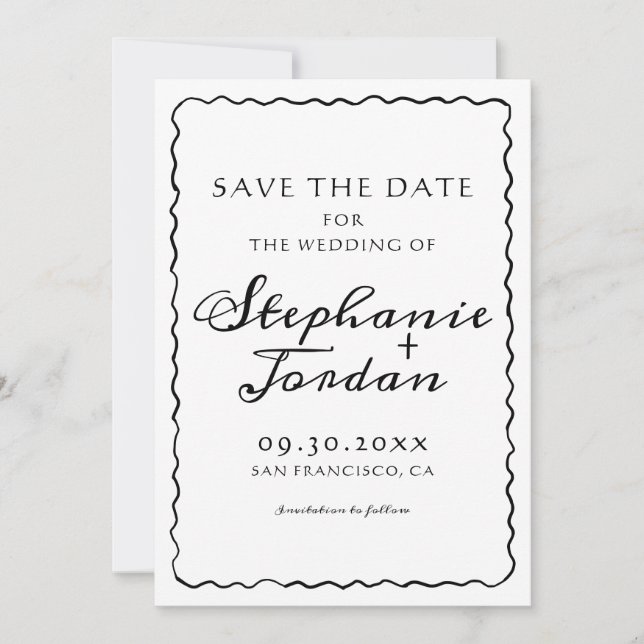 Simple Black and White Whimsical Frame Wedding Save The Date (Front)