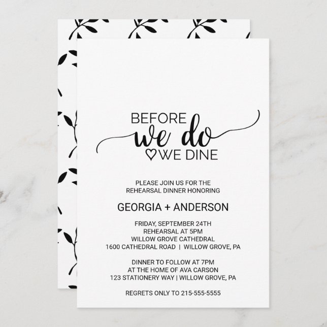 Simple Black Before We Do We Dine Rehearsal Invitation (Front/Back)