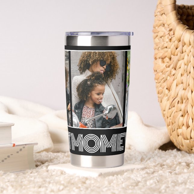 Simple Black Best Mom Ever 3 Photo Collage Custom Insulated Tumbler (Living Room)