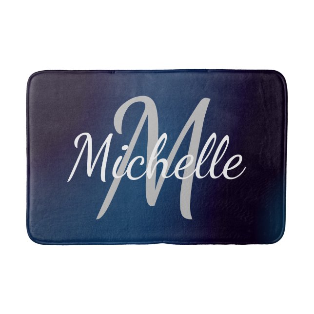 Simple black blue Bold Typography & Name Monogram Bath Mat (Front)