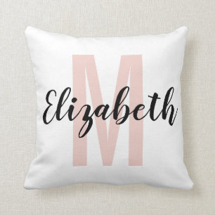 Simple Black Blush Pink Hand Script Monogram Throw Pillow
